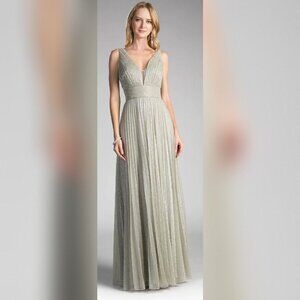 Metallic Silver Pleated V-Neck Formal Gown